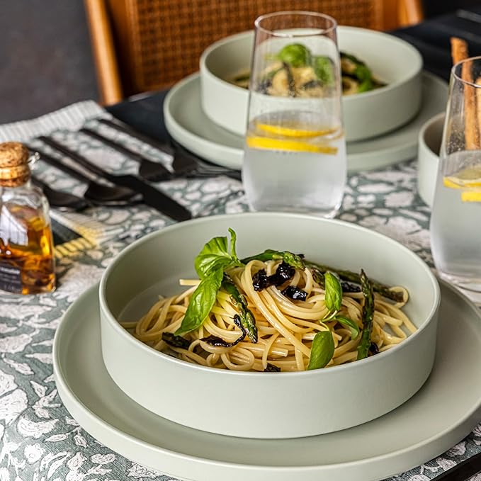 over&back Stackable Dinner Bowl Set - Stoneware Dishes - Comes with 4 Dinner Bowls - All-Occasion Place Settings Perfect for Pasta, Salads, Snacks - 8.3" x 8.3" x 1.9" - 40oz - Semi-Matte Sage