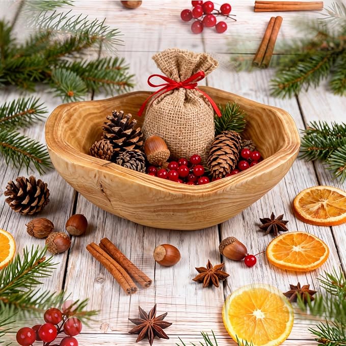 Handmade Wood Fruit Bowl for Kitchen Counter - 10-12in Irregular Wooden Decorative Bowl,Wooden Serving Bowl for Salads Snacks Keys Home Decor (10-12in/25-29cm)