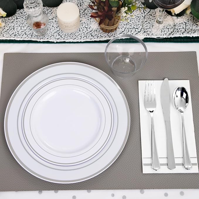 GATHER 176 Pieces Silver Plates - Disposable Silver Plastic Plates Includes 50 Plates, 75 Silverware, 25 Napkins, 25 Silver Rimmed Cups and 1 Tablecloth Perfect for Party & Weding