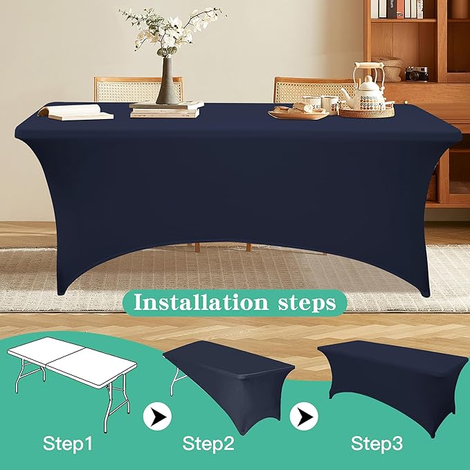 2Pack 6FT Table Cloth for Rectangular Fitted Events Stretch Navy Blue Table Covers Washable Spandex Tablecloth Protector for Party, Wedding, Cocktail, Banquet, Festival