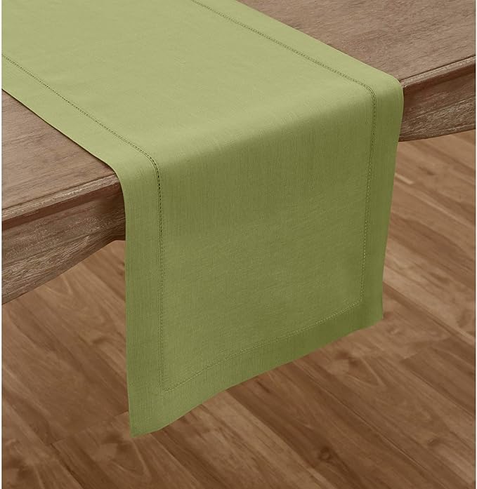 Solino Home Linen Moss Green Table Runner 48 Inches - 100% Pure Linen Small Table Runner 14 x 48 Inch Ideal for Dresser and Coffee Tables - Classic Hemstitch - Winter, Spring, Easter, St Patricks Day