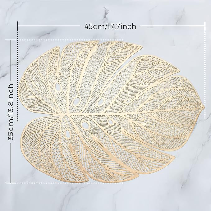 Evevda Gold Leaf Shaped Vinyl Placemats for Dinner Table Set of 6 Metallic Plastic Gold Place Mats Wipeable 6Pcs Table Mats for Wedding Annersary Dinner Table Decoration Mats(17.7x13.8inch/45x35cm)