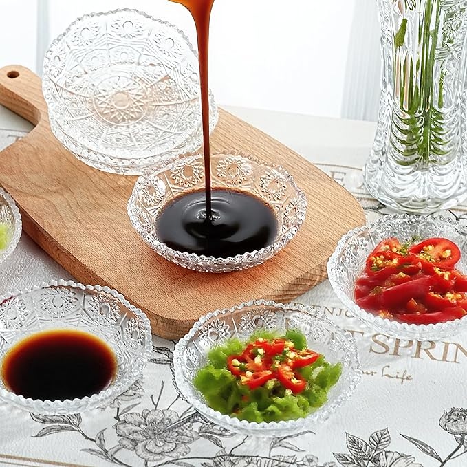 kanpura Soy Sauce Dishes, Small Dipping Sauce Cups and Bowls, Serving Dishes for Condiments, Snacks, Glass Sauce Dipping Bowls, Dishwasher Safe, 3.9 Inch, Set of 6, Clear