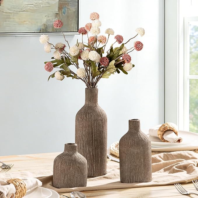 Ceramic Vase Home Table Decor - Brown Flower Vase Set of 3 Living Room Kitchen Decorations Farmhouse Modern Rustic Vases Decorative Centerpiece for Shelf Bedroom Office Bathroom Dining Coffee Desk