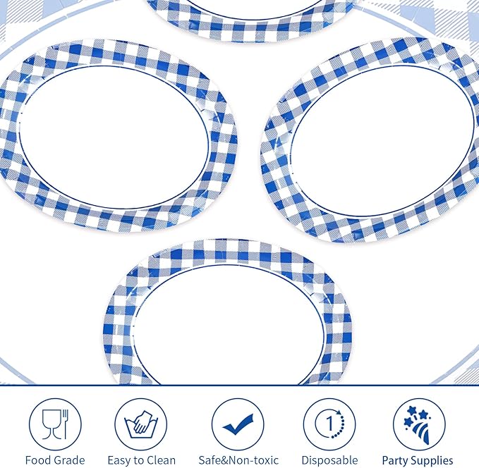 50Pcs Blue and White Gingham Oval Paper Plates 10" x 12" Large Blue Gingham Checkered Plaid Plates Disposable Heavy Duty Oktoberfest Plate for Oktoberfest Holiday Picnic BBQ Birthday Party Decorations