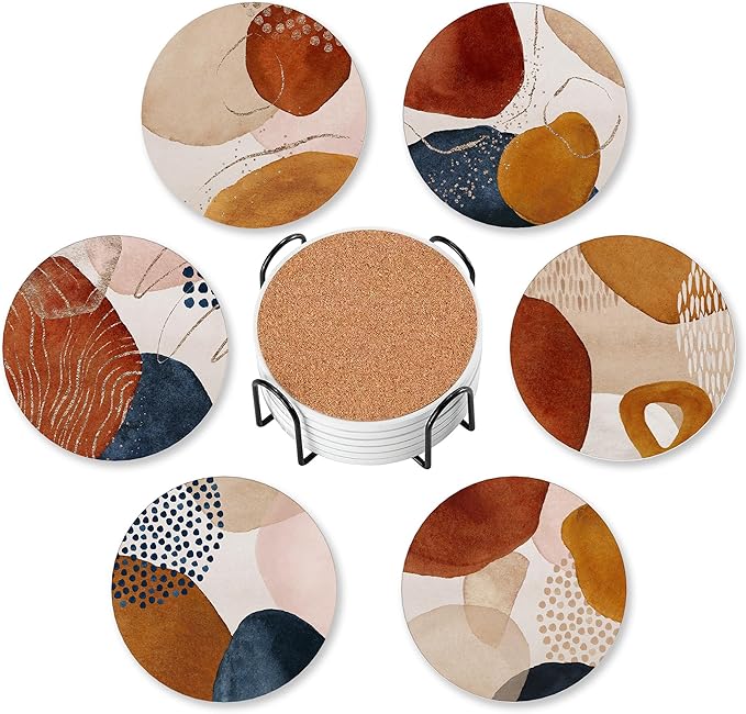 Drink Coasters for Drinks Set of 6,Orange and Gold Abstract Modern Art Absorbent Round Ceramic Stone Mat Coaster, with Cork Base and Metal Holder, Home Bar Decor House Warming Gift