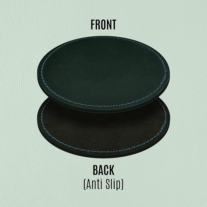 Genuine Leather, Premium Table Coasters by Leatherific, Round, 4 inch, Set of 6, with Holster, Handcrafted, Hand Made, Non Slip Drink Mats, Green (Forest Green, 4")