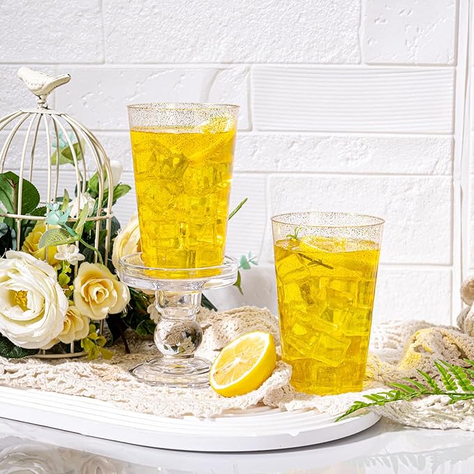 I00000 100 Pack 14 oz Gold Plastic Cups, Disposable Tumblers Gold Glitter Plastic Cups, Disposable Wine Glasses Cocktail Glasses Perfect for Wedding, Mother's Day & Party