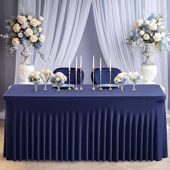 Wish Care 6 Pack Navy Blue Stretch Spandex Table Clothes for 6 Foot Rectangle Tables, 6FT Wrinkle Free Fitted Tablecloths Ruffles Design Table Cover for Party, Banquet, Wedding and Events