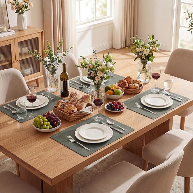 Artoid Mode Grey Faux Leather Placemats Set of 6, 12x18 Inch Waterproof Wipeable Heat Resistant Vinyl Place Mats, Reversible Table Mats for Winter Kitchen Dining Decor