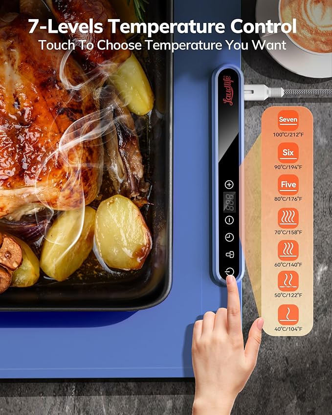 Electric Warming Mat for Food, Roll-Up Silicone Heating Pad with 7 Adjustable Tempmaster Levels, Foldable Warming Tray for Countertop,Buffet Party, Kitchen & Home, Child Lock, Dark Bule