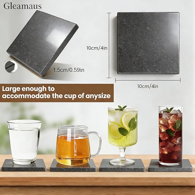 Natural Marble Coasters, Square Costers, Luxury Aesthetic Modern Decor for Coffee Table Bar Kitchen Home, Grey Marble, Real Natural Semi Absorbent Stone Coasters