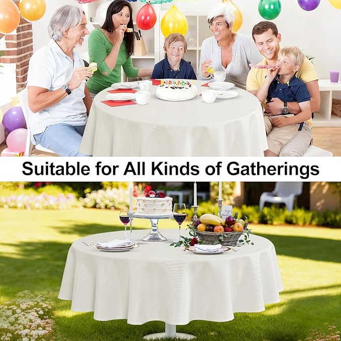 JIUZHEN Round Table Cloth Faux Linen Farmhouse Tablecloth Wrinkle and Stain Resistant Decorative Fabric Table Cover for Kitchen, Dining Room, Parties and Camping, White, 60 Inch Round