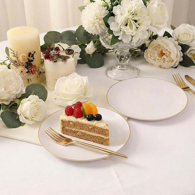 Rubtlamp 200Pcs Gold Plastic Dessert Plates,White Appetizer Platos with Gold Disposable Forks, Fancy Small Dessert/Cake Plates Include 100pcs 7.5" Salad Platos, 100pcs 7.6" Plastic Forks for Party