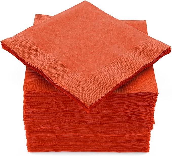 100 Pack Orange Beverage Napkins, Big Party Pack, 2 Ply, Ideal for Wedding, Party, Birthday, Dinner, Lunch, Cocktails. (5” x 5”) by Amcrate