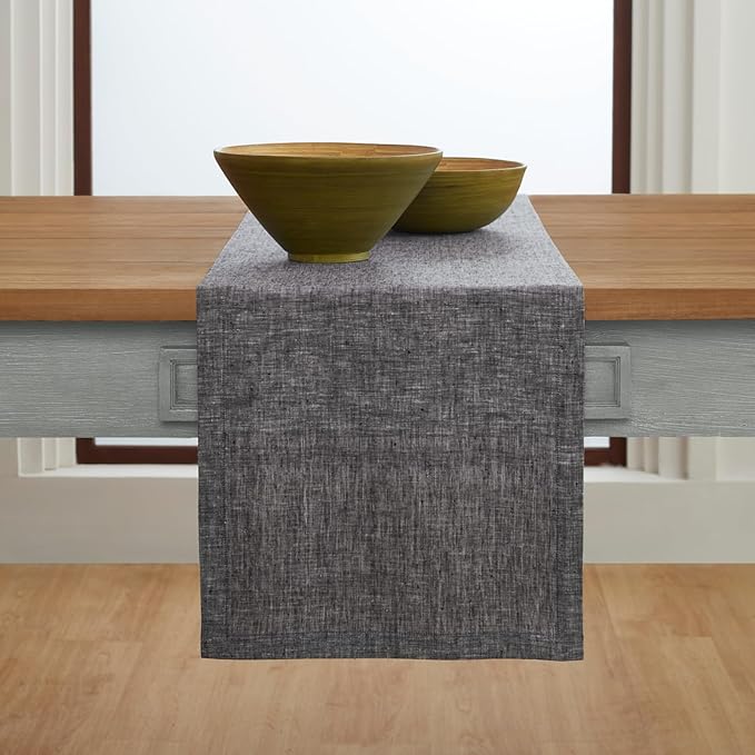 Solino Home Linen Small Table Runner 36 Inches - Athena, 100% Pure Linen Chambray Black Table Runner 14 x 36 Inch Ideal for Dresser and Coffee Tables - Winter