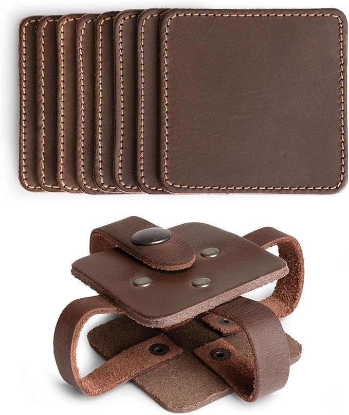 Hide & Drink Leather Coasters Set of 8, Premium Leather Table Protection for Drinks, Elegant Accessory for Home/Office, Protects Surfaces, Bourbon Table Coasters, Bar, Western (Bourbon Brown)