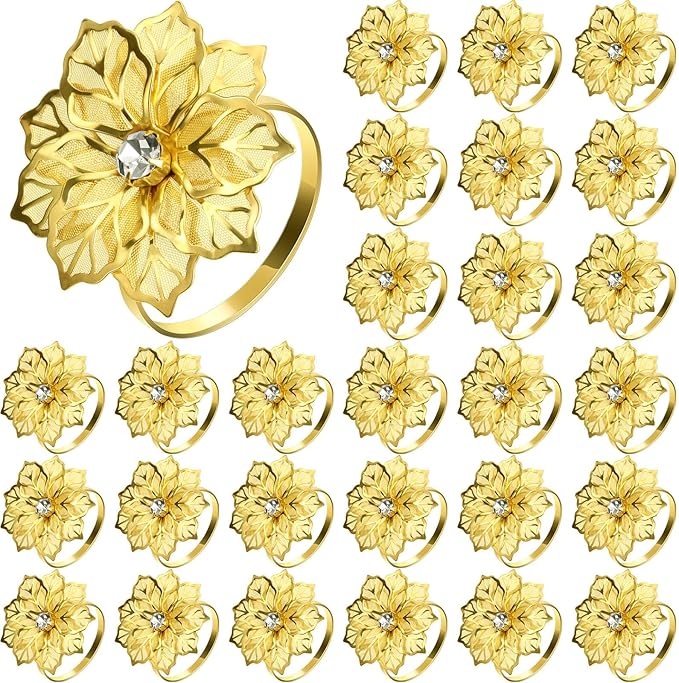Hotop 100 Pcs Gold Napkin Rings Flower Napkin Holders Buckles Hollow Out Rhinestone Christmas Delicate Serviette Buckles for Thanksgiving Party Gathering Dinner Wedding Banquet Holiday Table Decor