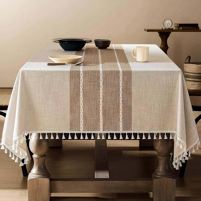 ZeeMart Contrast Linen Table Cloth Square Table Cloths 60x60 Inch Brown, Farmhouse Style Heavy Weight Beige Tablecloth, Water Resistant Burlap Tablecloths