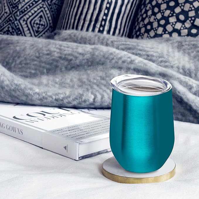 DISCOUNT PROMOS Stemless Wine Glass Tumblers with Lids by Largo 11 oz. Set of 6, Bulk Pack - Perfect for Wine, Cocktails, Other Hot & Cold Beverages - Teal