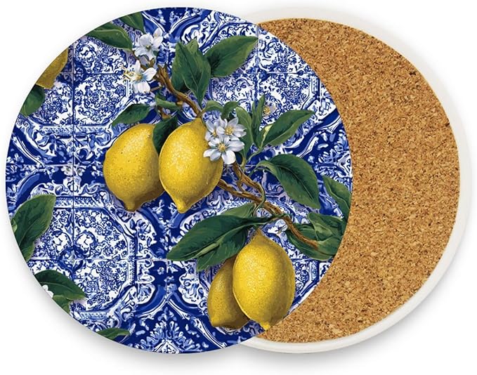 Coasters for Drinks Coaster Drink Set Decorative Coffee Table Desk Cup Mat Spring Cute Cork Bar Backing Round Home Decor Blue Retro Flower Lemon22