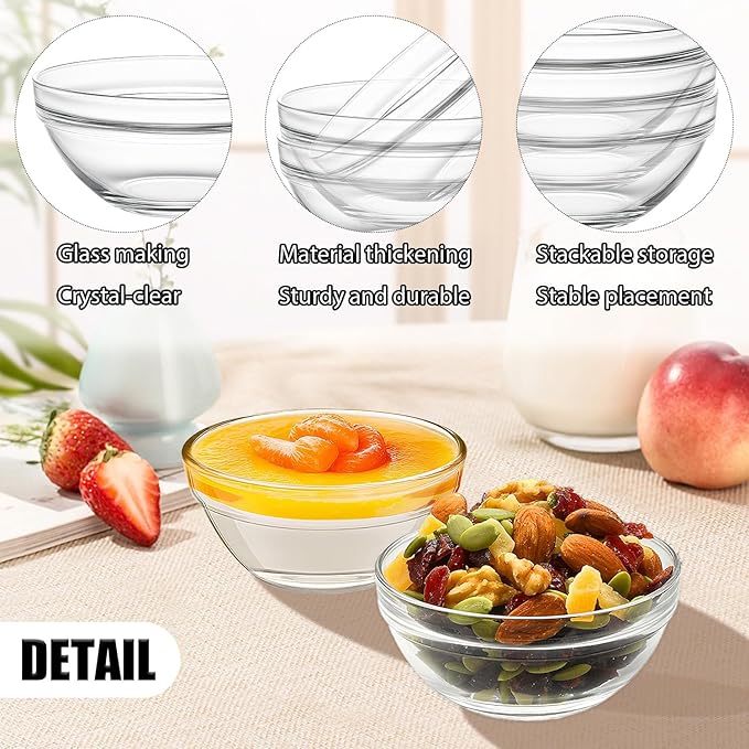 Small Glass Bowls, 12 Pcs Glass Mixing Bowls Stackable Ingredient Dish For Spices Dipping Sauces Ice Cream Toppings Dessert Snack Candy Nuts (4.92 Inch,5Oz)