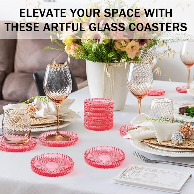 Modern Glass Coasters, GOH DODD Set of 6 Crystal Coasters Tabletop Protection for Drinks, Home Decor, Kitchen, Living Room, Patio, Wedding, Party, Housewarming Gifts, Clear Red
