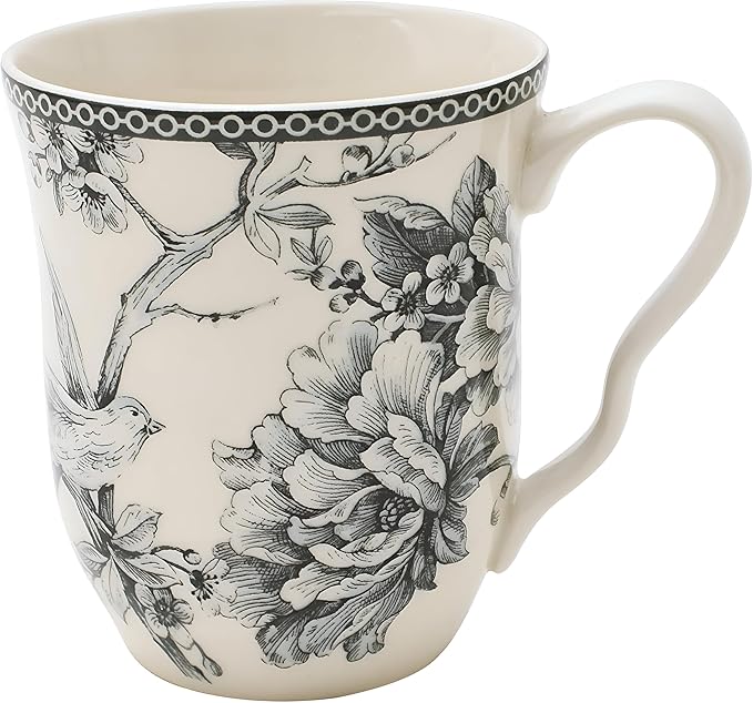 222 Fifth Adelaide 16-Piece Square Floral Dinnerware Set – Service for 4, Grey & White Porcelain Plates & Bowls, for Everyday Dining & Entertainment, Microwave & Dishwasher Safe, Chip Resistant