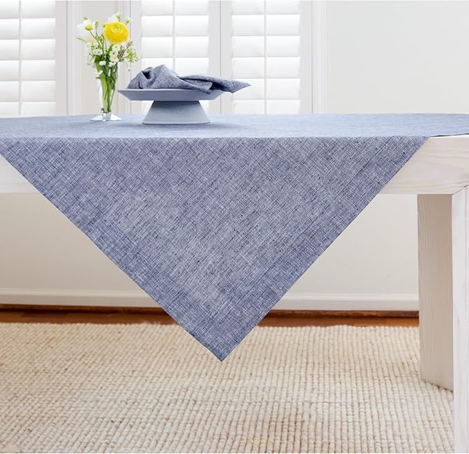 Solino Home Linen Cloth Tablecloth 52 x 52 Inch - 100% Pure Linen Chambray Indigo Square Tablecloth - Athena, Machine Washable Table Throw for Spring, Easter
