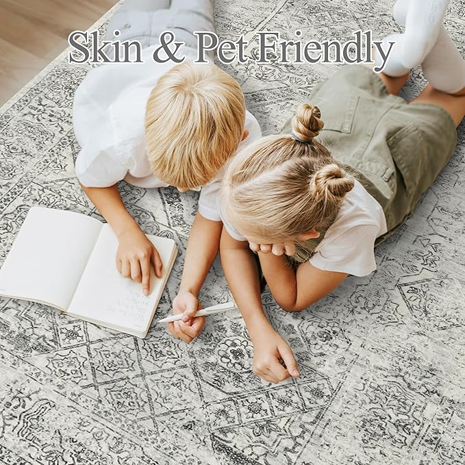 6x9 Area Rug for Living Room Floral Washable Non-Slip Gray Rugs for Bedroom Dinning Room Ultra-Thin Indoor Grey Rug