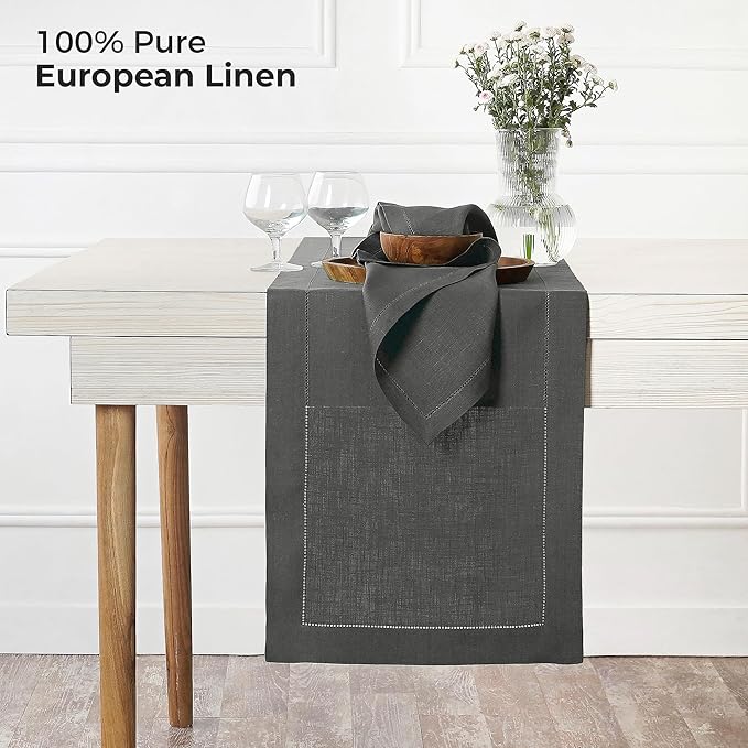 D'Moksha Homes Linen Charcoal Grey Table Runner 144 Inches Long - 100% Pure Linen Extra Long Table Runner 14 x 144 Inch for Spring, Easter - Classic Hemstitch