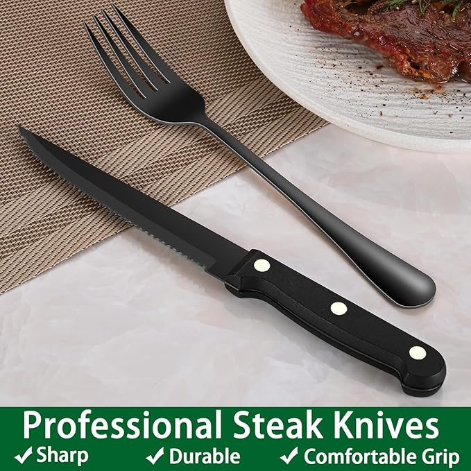 24-Piece Black Silverware Set with Steak Knives, Black Flatware Set for 4, Food-Grade Stainless Steel Tableware Cutlery Set, Mirror Finished Knife Spoon And Fork Sets for Home Restaurant