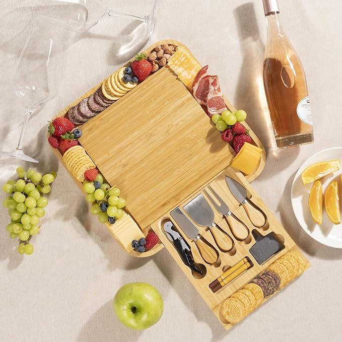 Large Bamboo Cheese Board Gift Set with Slide-Out Drawer & Knife Set – Charcuterie Board for Entertaining, Housewarming & Valentine’s Day Gifts