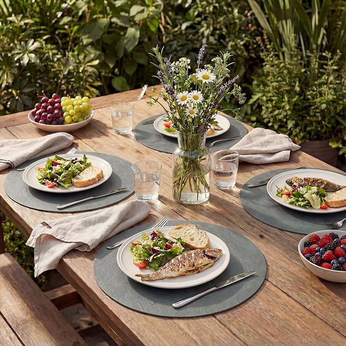 Artoid Mode Grey Faux Leather Placemats Set of 6, 15 Inch Waterproof Wipeable Heat Resistant Vinyl Place Mats, Reversible Table Mats for Winter Kitchen Dining Decor