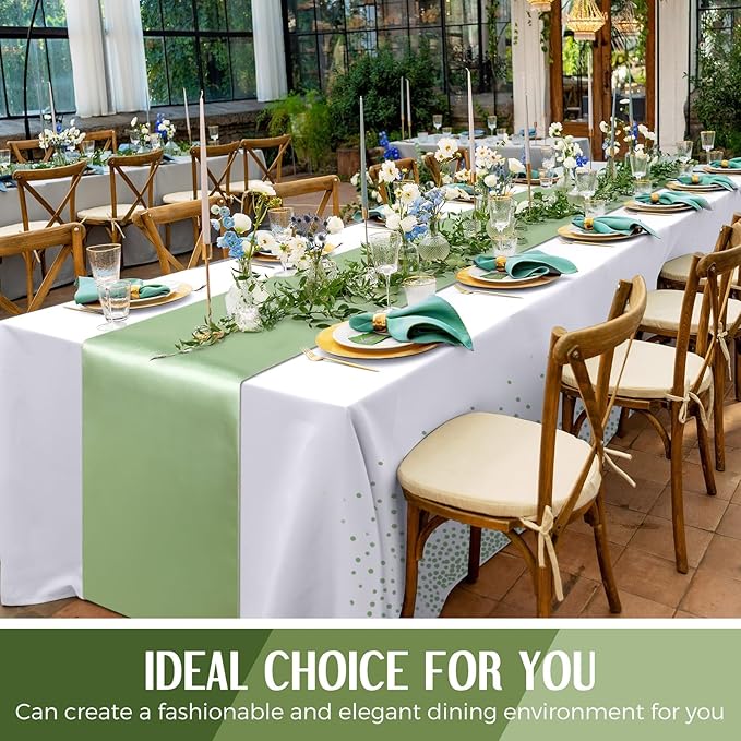Breling 24 Pack White and Sage Green Disposable Plastic Tablecloths and Satin Table Runner Set, 54 x 108 Inch Tablecloth, 12 x 108 Inch Table Runners for Wedding Graduation Birthday Baby Shower