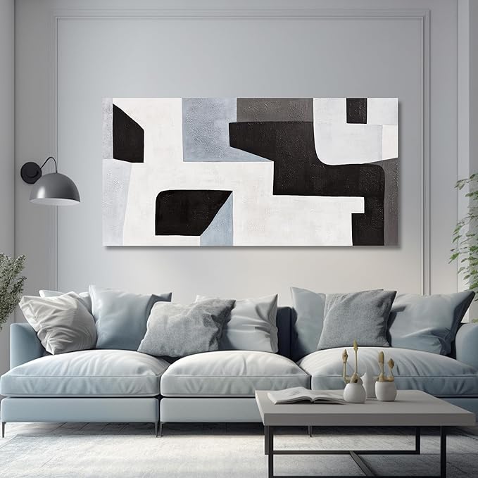 Abstract Wall Art Modern Minimalist Art Wall Decor Black Grey and Blue Irregular Shape Home Decor Canvas Art Wall Decor Abstract Wall Art Framed Artwork for Living Room Bedroom Office 24"x48"