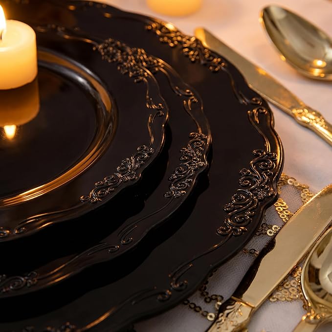 U-QE 100PCS Black Plastic Plates, Heavy Duty Black Plates Including 50PCS 10'' Dinner Plates & 50PCS 7.5'' Dessert Plate - Hard Plastic Plate for Party Wedding Bridal Shower