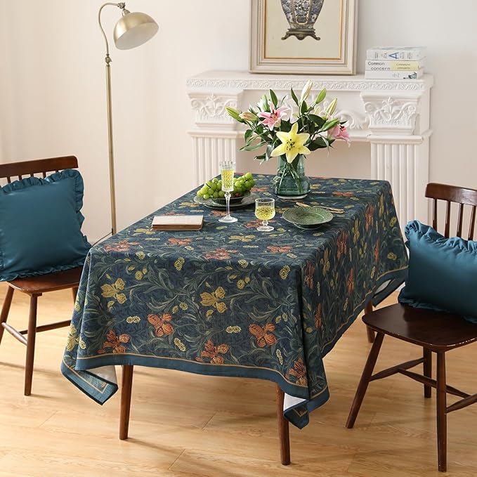 patdrea Designer Vintage Dark Blue Linen Rectangle Tablecloth,French Rustic Floral Pattern Tablecloths,Decorative Table Cover Cloth for Kitchen,Dining,Tea Party,Home,Christmas,55"*79"