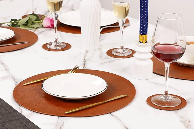 Set of 8 PU Leather Placemats, Waterproof Coffee Coasters, Kitchen Table Mats, Easy to Wipe Off for Dining Round Table