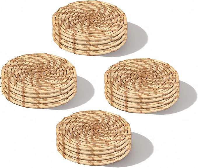 ALPHA Living HOME Handmade Cane Bar Coaster Set of 12-4 Inch Round Woven Natural Brown Drink Mats for Table, Coffee Mug, Glass - Rustic Rattan for Home, Bar, Kitchen Décor