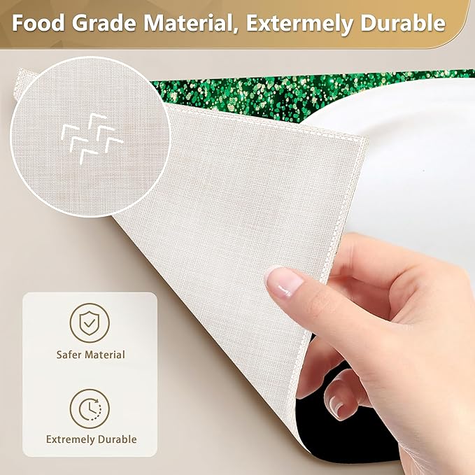 Placemats Set of 6 Linen Washable Kitchen Dining Green Glitter Table Mats Stain Heat-Resistant Desktop DécorPlace Mats for Home Party Indoor 12x18 in