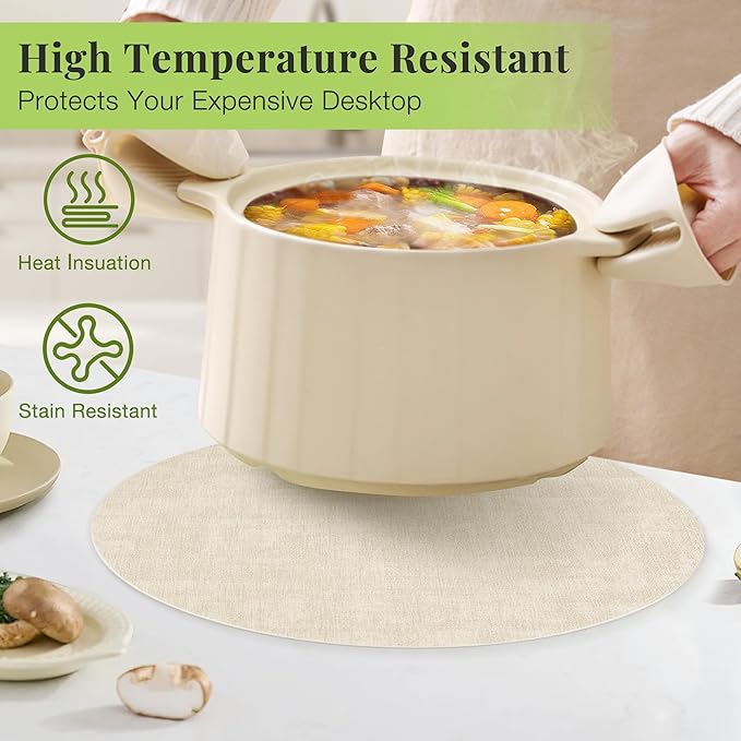13-Inch Faux Leather Round Placemats Set of 4, Waterproof Anti-Slip Dual Sided Place mats, Heat Resistant Washable Table Mats with Coaster, Suitable for Indoor & Outdoor (4, Black Beige)