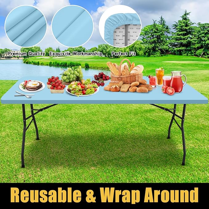 Smiry Rectangle Picnic Table Cloth, Waterproof Elastic Fitted Tablecloths for 8 Foot Tables, Washable Polyester Table Cover for Camping, Indoor and Outdoor (Light Blue, 30"x96")