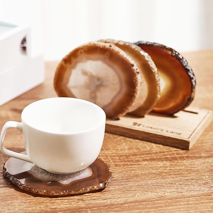 Luxury Lane Set of 4 Large Natural Brazilian Agate Slice Geode Rock Stone Drink Coasters with Wood Holder 4.3-4.7 inch Centerpiece Table Decoration, Oak Brown