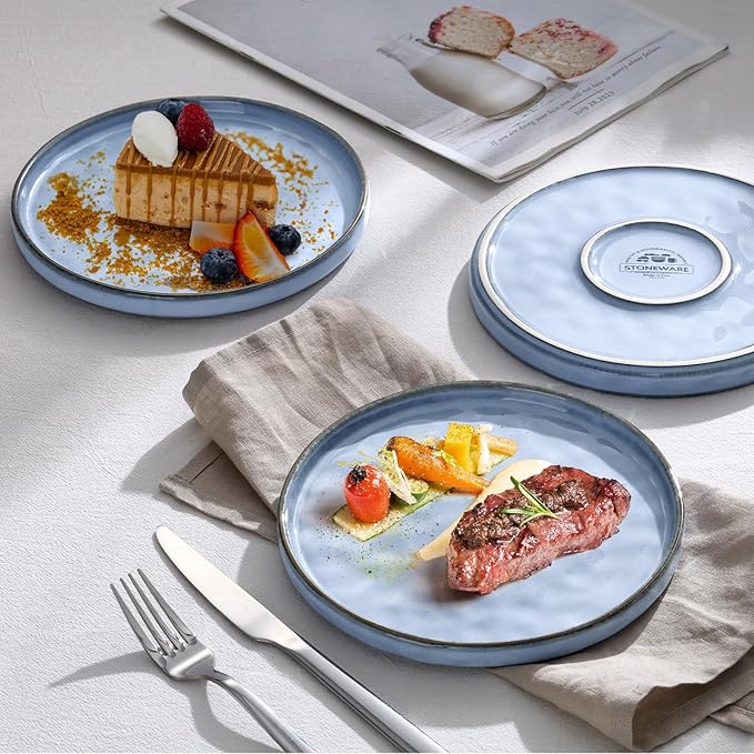 LIANYU Ceramic Dinner Plates Set for 4, 7.9In Porcelain Kitchen Salad Dessert Serving Dishes Set, Modern Round Stoneware Dinnerware Appetizer Plates, Scratch Resistant & Microwavable, Serenity Blue