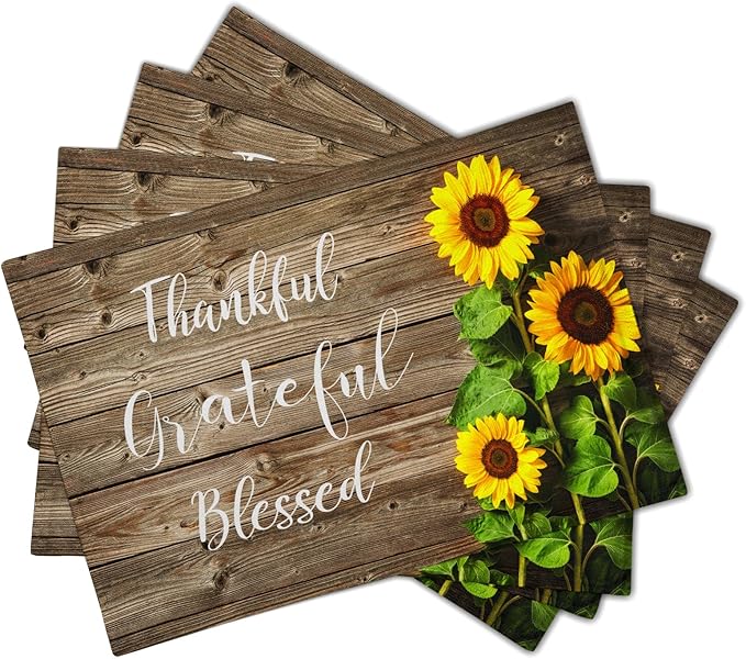 Spring Summer Sunflower Placemats Set of 4 for Dining Table Religious Thankful Grateful Blessed Place Mats Easter Table Mats Washable Cloth Placemats Kitchen Decor 12x18 inch