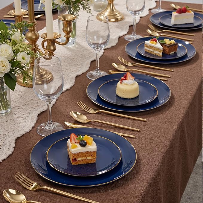 bUCLA 200PCS Blue Plastic Plates - Navy Blue Disposable with Gold Rim Include 100 Each (10 inch Dinner & 7 inch Dessert) Plates, Ideal for Party, Gathering and Hanukkah