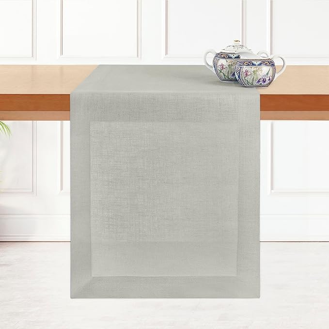 D'Moksha Homes Linen Silver Grey Table Runner 84 Inches Long - 100% Pure Linen 14 x 84 Inch Table Runner for Dining, Spring, Easter - Machine Washable