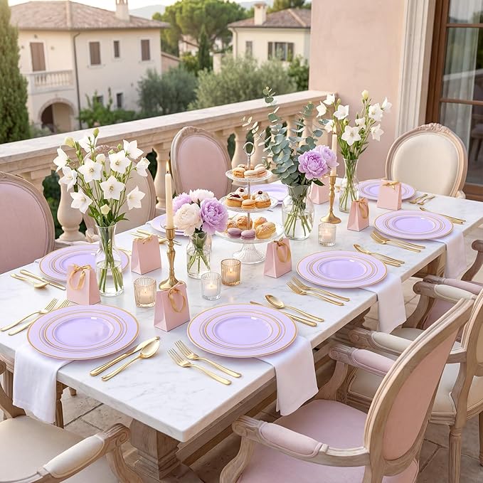350PCS Purple Plates Disposable - Purple Plastic Plates 50Guests Lavender Disposable Dinnerware Sets with Rolled Napkins for Wedding/Birthday/Baby Shower/Easter