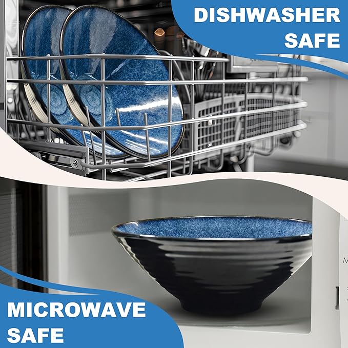9.4-Inch 4 Sets Ceramic Ramen Bowl (16 Piece) - Japanese Porcelain Dishwasher Microwave Safe Salad Noodles Cereal Pasta Soup Large Bowls with Chopsticks Forks Spoons for Men Women Housewarming Gift